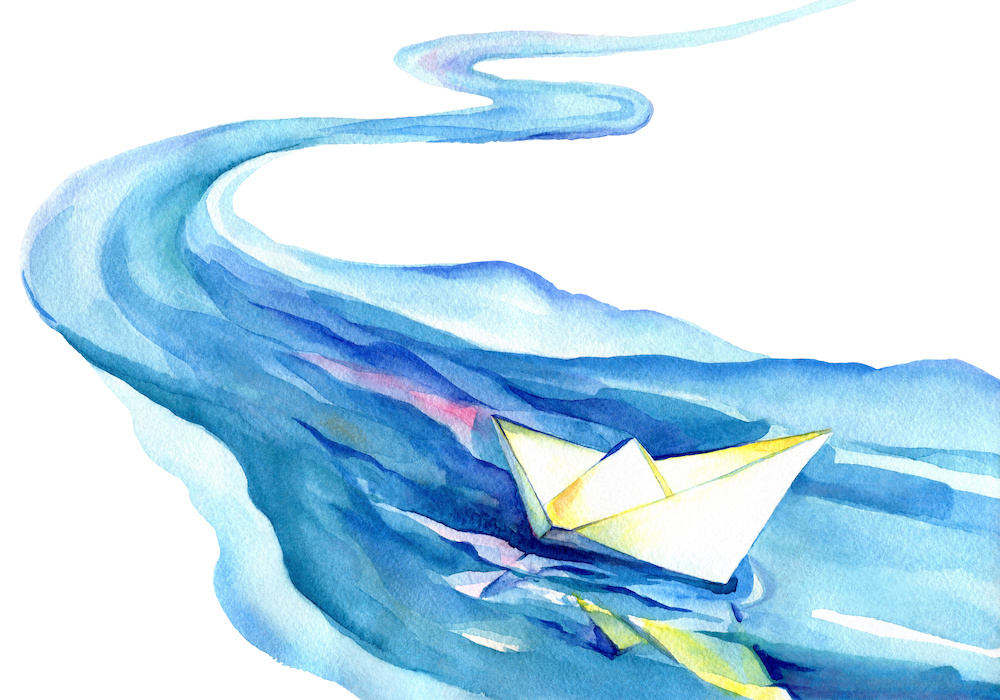Watercolor illustration of a river with paper boat floating
