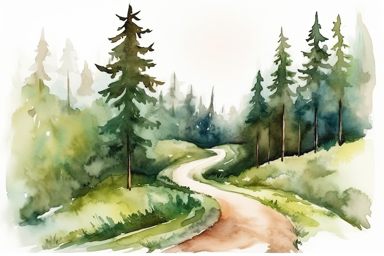 Watercolor of a dirt road winding through green trees.